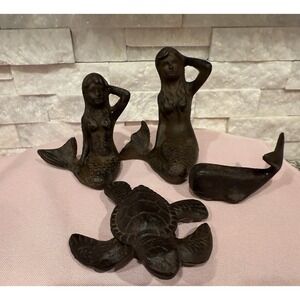 Bronze Mermaid Decor Set Coastal Beach Nautical Turtle Whale Statues Lot